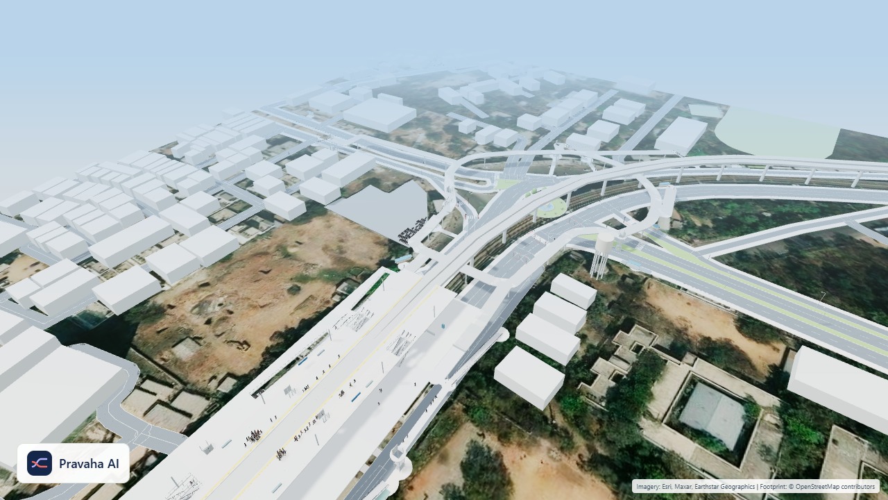 Pravaha simulation model connecting road traffic, elevated pedestrian walkways and metro station access at Uppal Junction.